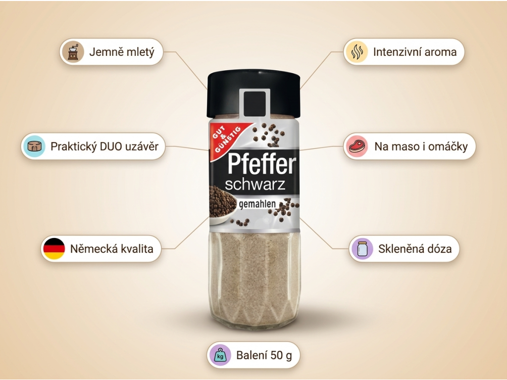 G&G Pepř černý mletý 50 g - infografika s výhodami