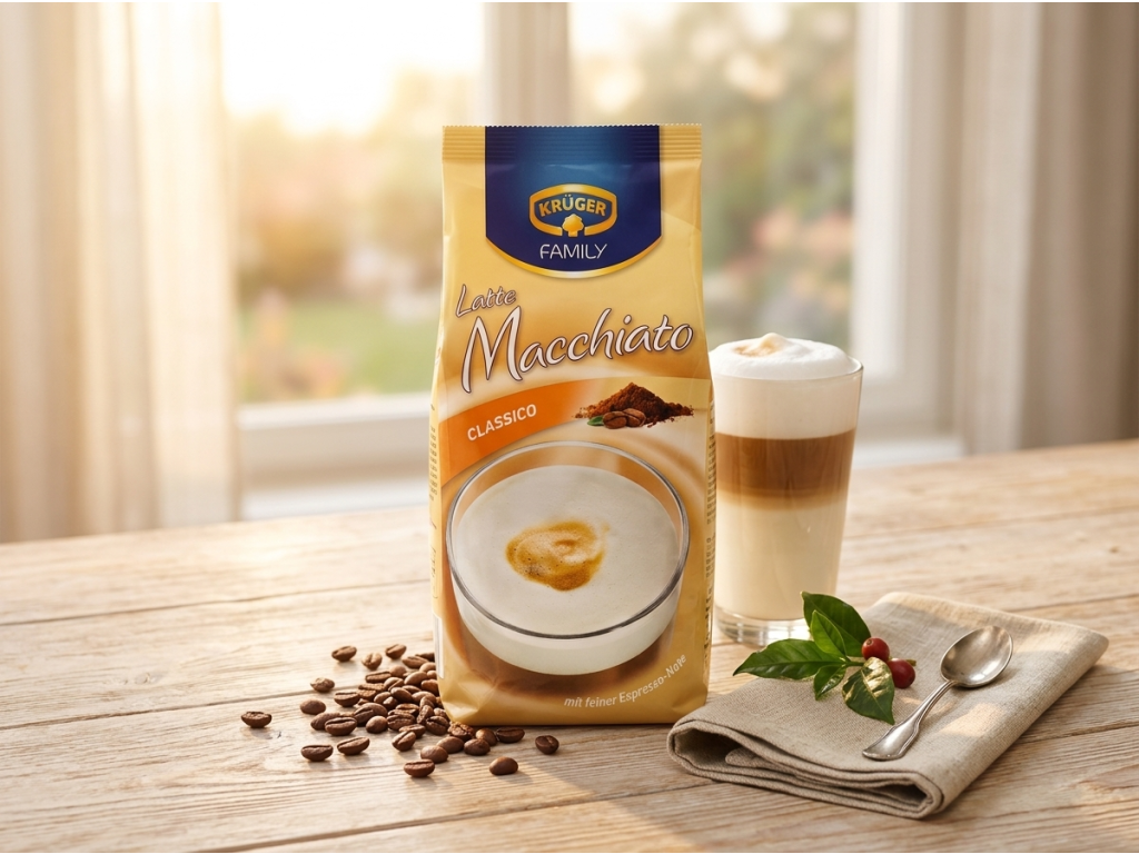 Krüger Latte Macchiato Classico - na stole s kávovými zrny