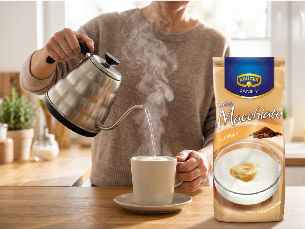 Krüger Latte Macchiato Classico - příprava nápoje v kuchyni