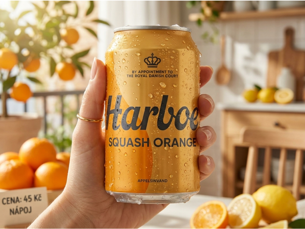 Harboe Squash Orange 330 ml - plechovka v ruce