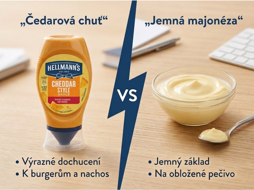 Hellmann's Cheddar Style omáčka s čedarovou chutí 250 ml – srovnání chuťového použití