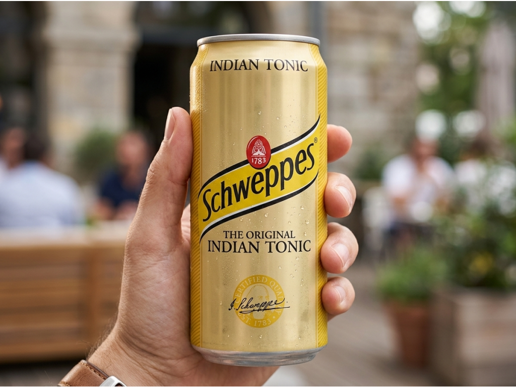 Schweppes Indian Tonic 330 ml - plechovka v ruce