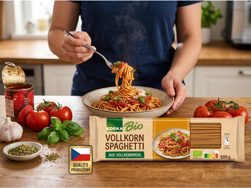 Servírování celozrnných špaget Edeka Bio