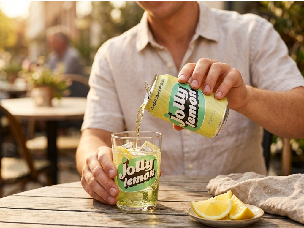 Jolly Lemon limonáda 330 ml - nalévání do sklenice s ledem