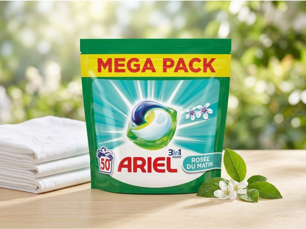 Ariel gelové kapsle 3v1 Ranní rosa universal v lifestylovém aranžmá