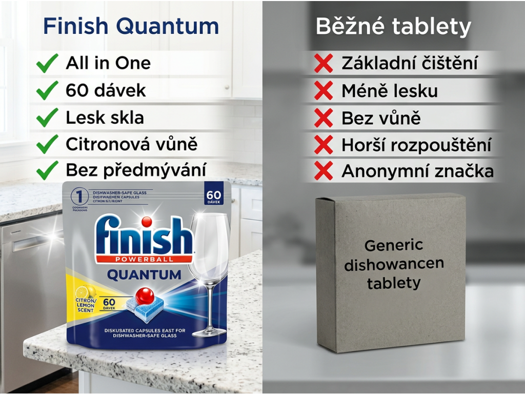 Srovnání Finish Quantum s běžnými tabletami do myčky