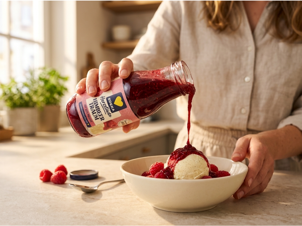Edeka Malinová dezertní omáčka s 55% ovoce 237 ml - poleva na zmrzlině