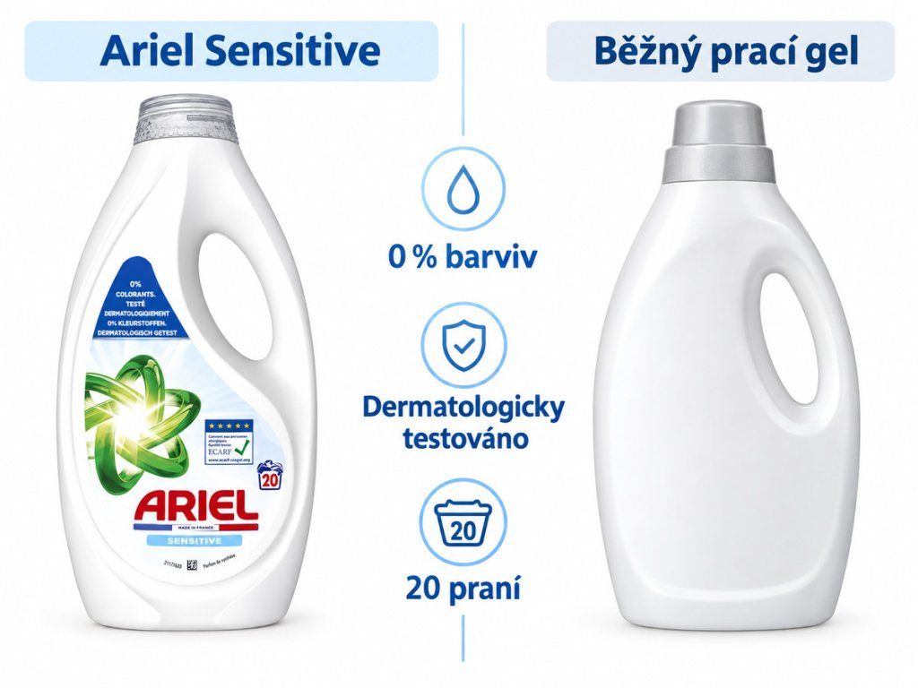 Ariel Sensitive prací gel 20 dávek 900 ml – srovnání s běžným pracím gelem