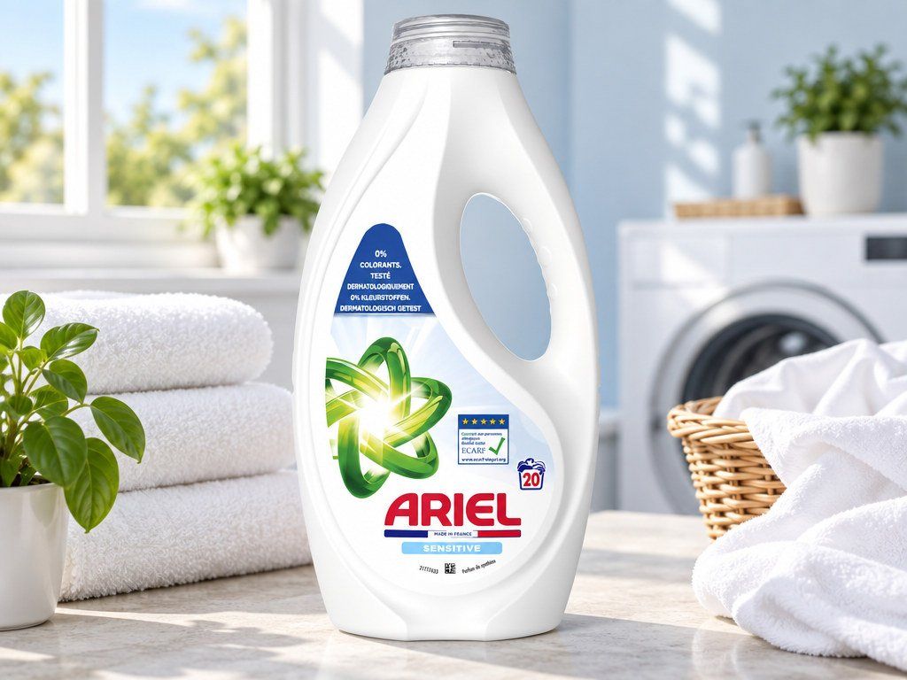 Ariel Sensitive prací gel 20 dávek 900 ml – lahev vedle čistého prádla