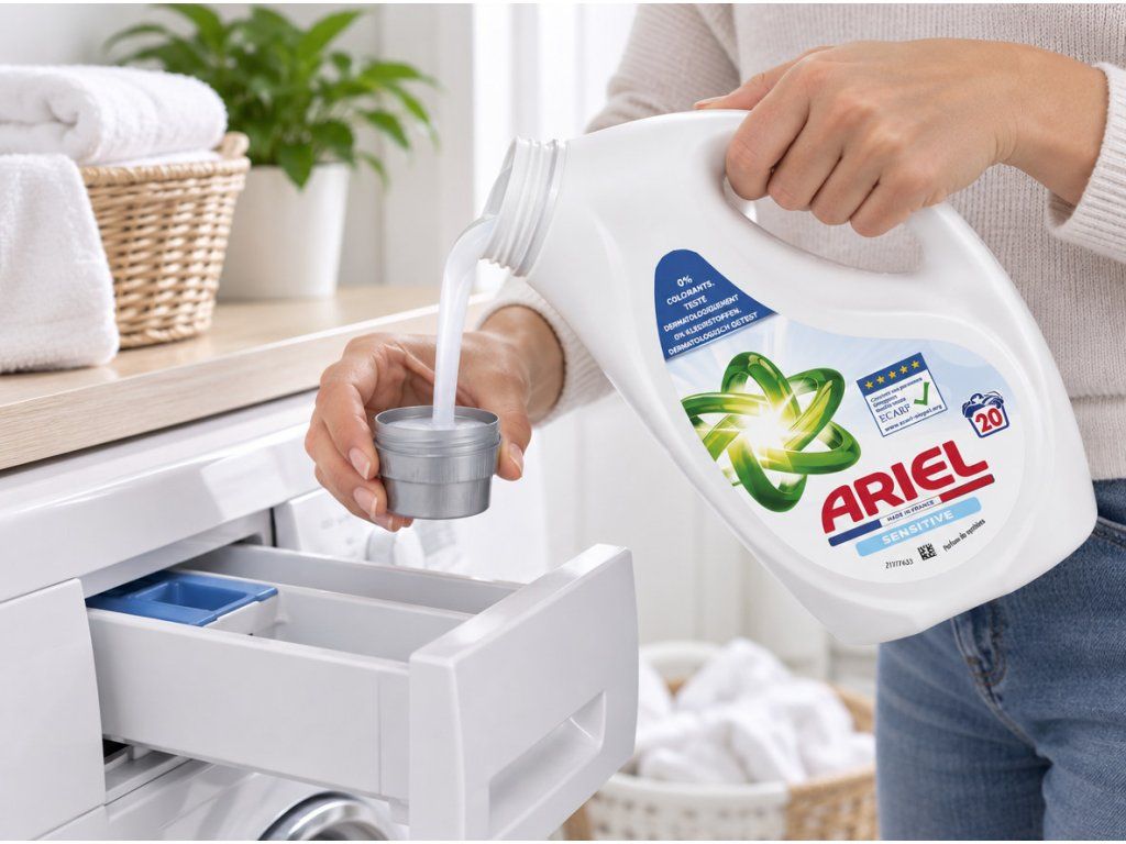 Ariel Sensitive prací gel 20 dávek 900 ml – dávkování pracího gelu