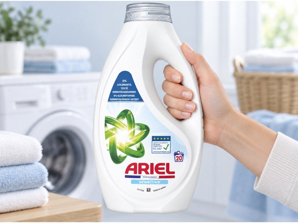 Ariel Sensitive prací gel 20 dávek 900 ml – lahev v ruce