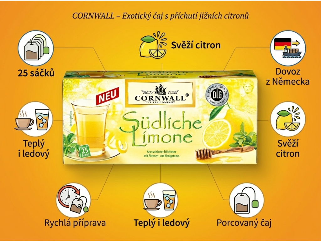 Cornwall Exotický čaj s příchutí jižních citronů 25 sáčků - přehled výhod