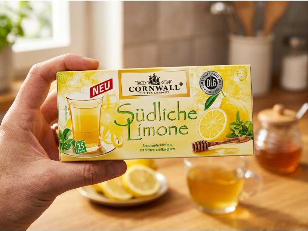 Cornwall Exotický čaj s příchutí jižních citronů 25 sáčků - balení v ruce
