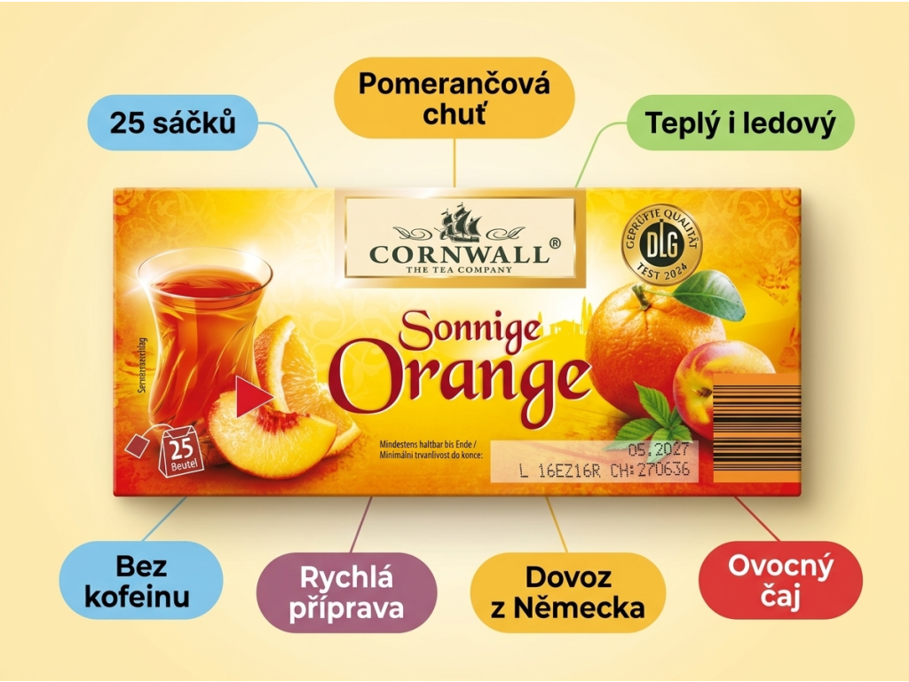 Cornwall Exotický čaj s příchutí slunných pomerančů - infografika