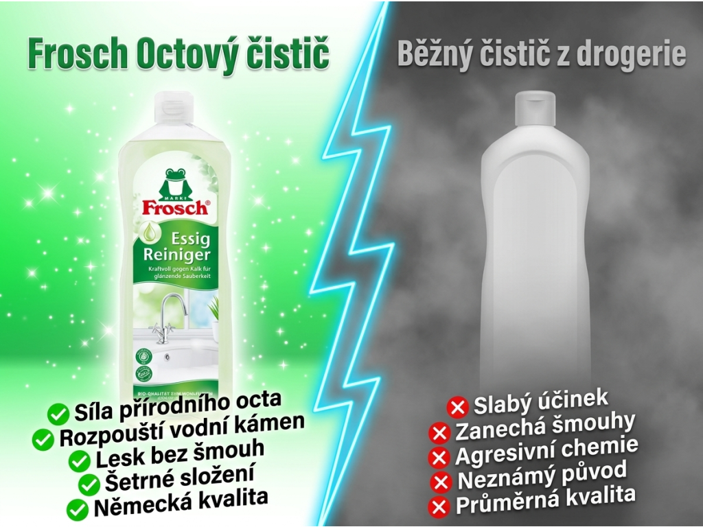Frosch Octový čistič 1000 ml - srovnání s běžným čističem