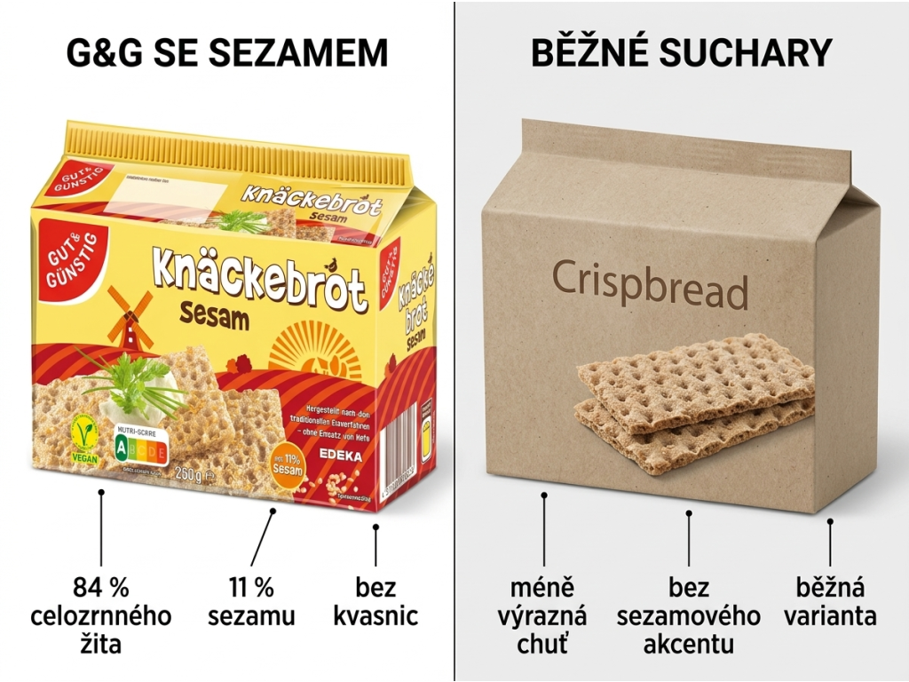 Srovnání G&G křupavých sucharů se SEZAMEM s běžnými suchary