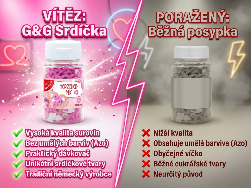 G&G Cukrová dekorace Srdíčka vs. běžná posypka