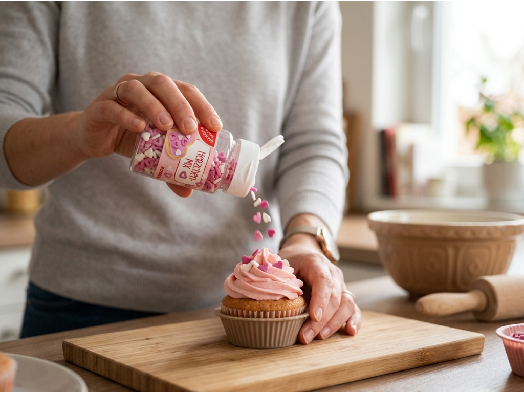 Zdobení cupcaku cukrovými srdíčky G&G