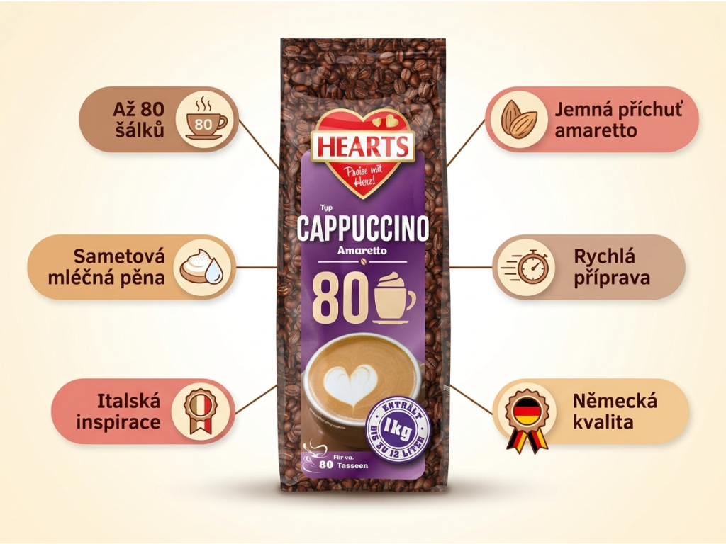 Hearts Cappuccino Amaretto 1 kg - přehled výhod
