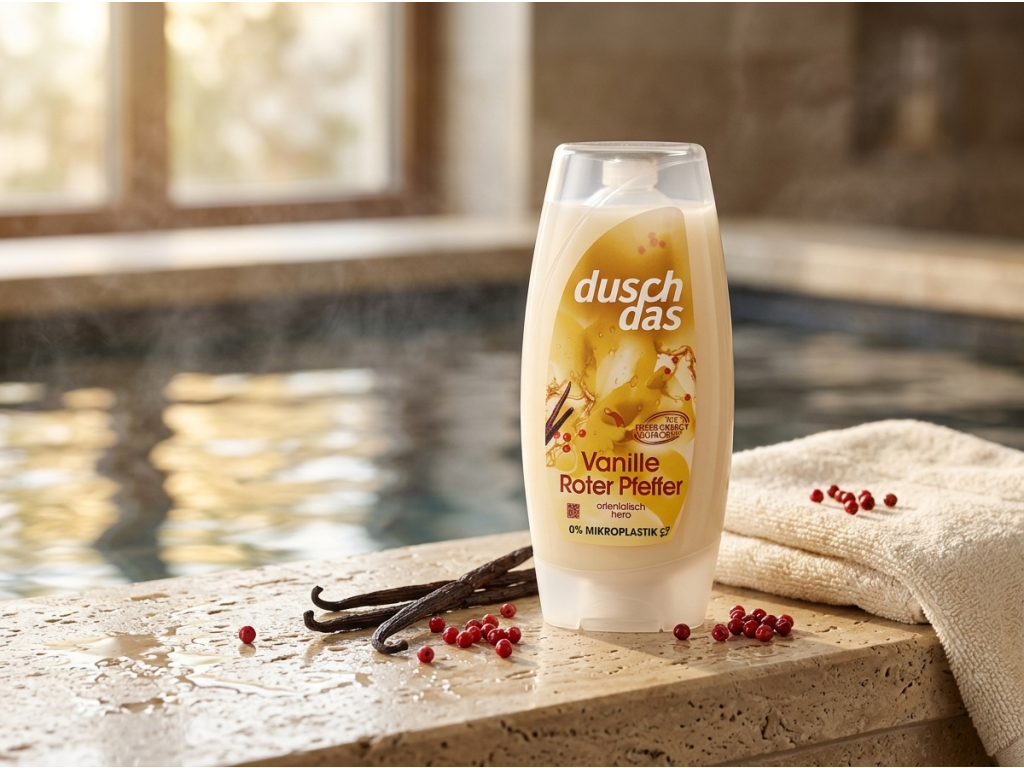 Duschdas sprchový gel s vůní vanilky a červeného pepře 225 ml - koupelnový kontext