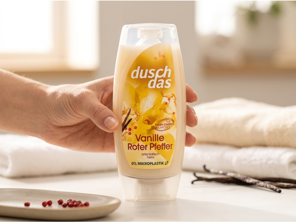 Duschdas sprchový gel s vůní vanilky a červeného pepře 225 ml - produkt v ruce