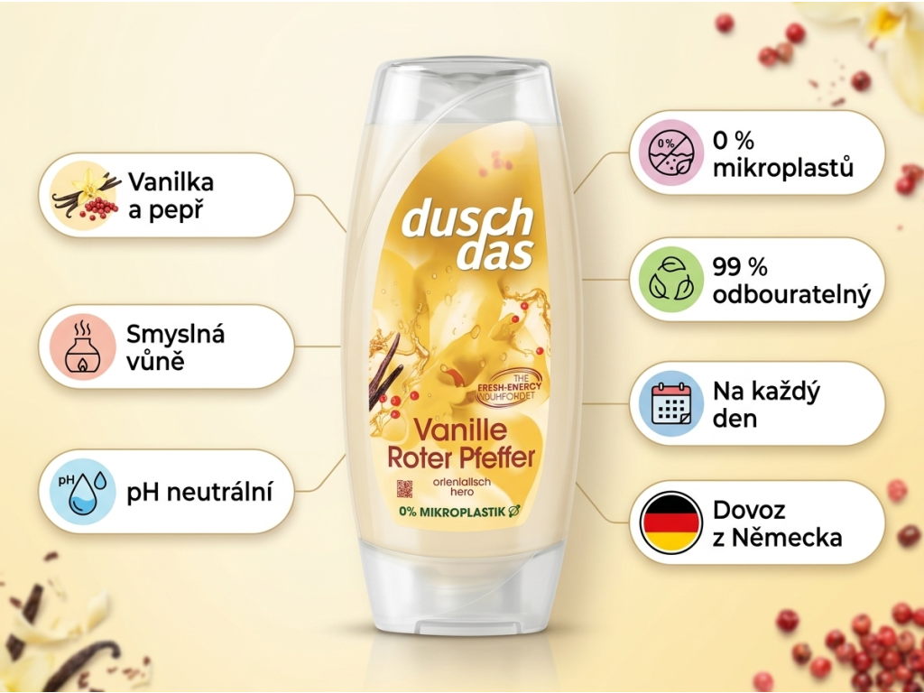 Duschdas sprchový gel s vůní vanilky a červeného pepře 225 ml - infografika výhod