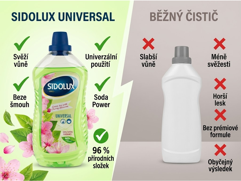 Sidolux Universal Green Tea & Cherry Blossoms - srovnání s běžným čističem