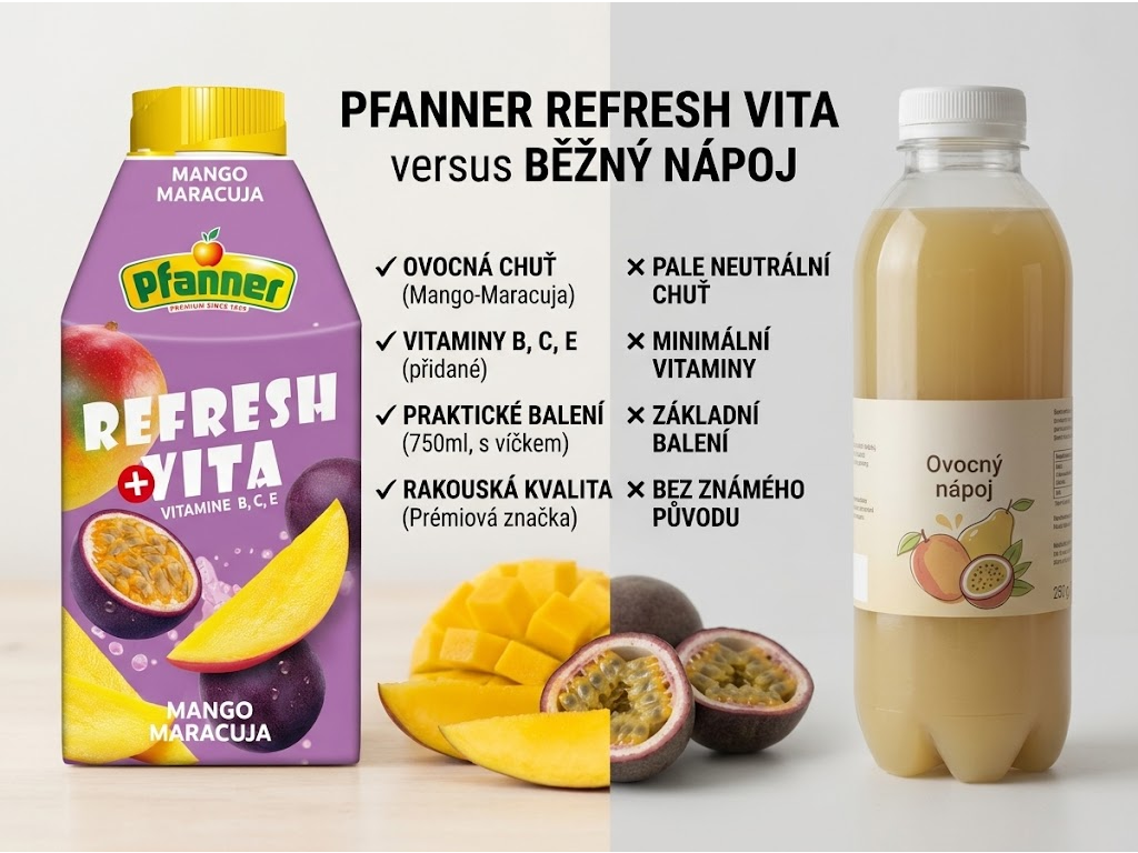 Pfanner Refresh Vita Mango a Marakuja - srovnání s běžným nápojem