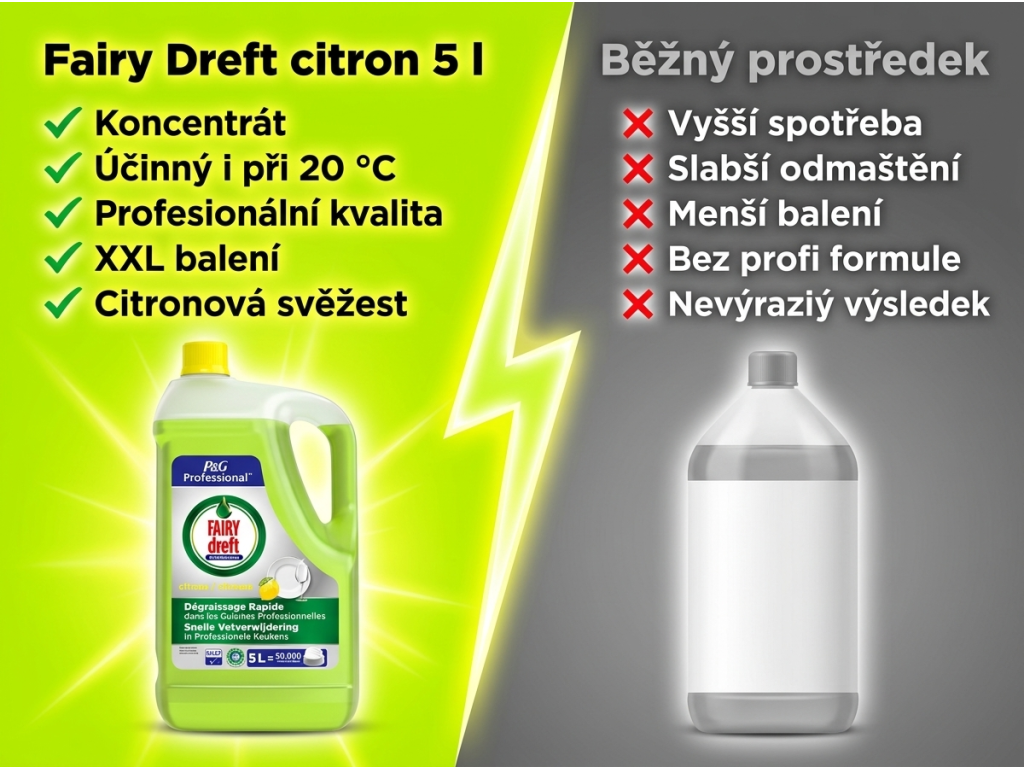 Fairy Dreft citron 5 l - srovnání s běžným prostředkem