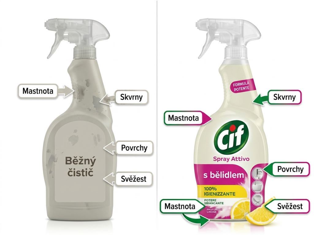Cif víceúčelový čistič s bělidlem citron 650 ml - srovnání s běžným čističem