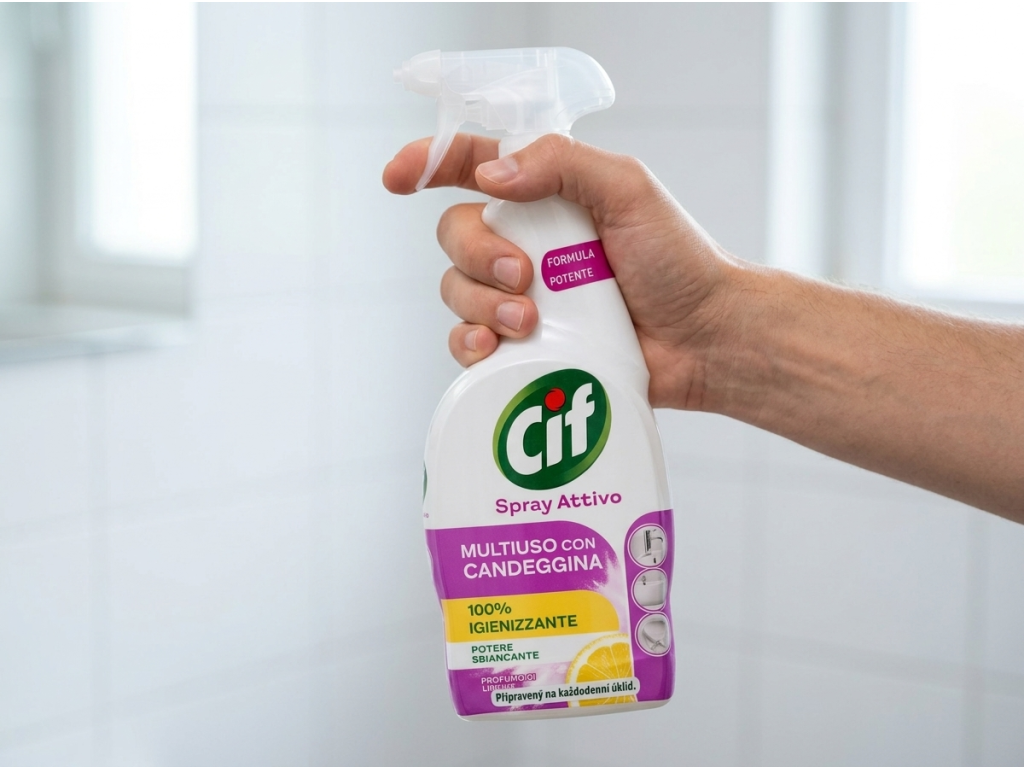Cif víceúčelový čistič s bělidlem citron 650 ml - balení v ruce
