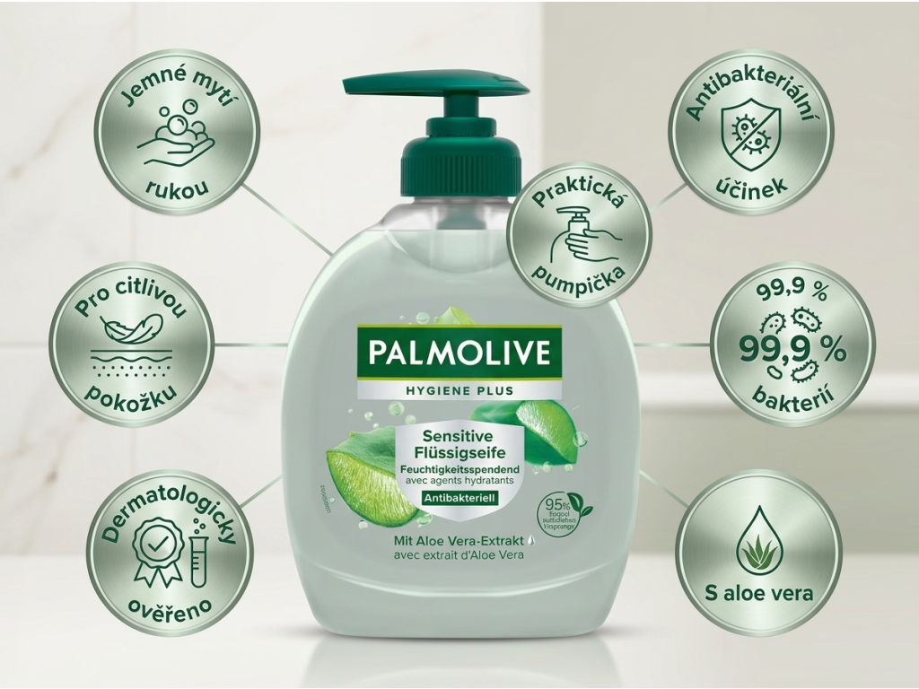 Palmolive tekuté mýdlo Sensitive - hlavní výhody