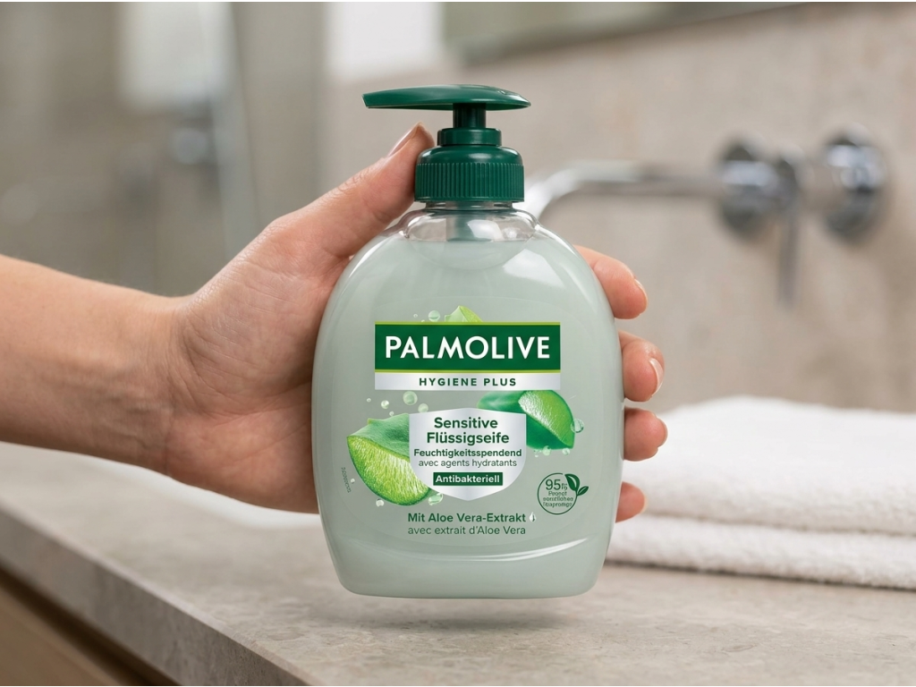 Palmolive tekuté mýdlo Sensitive - balení v ruce