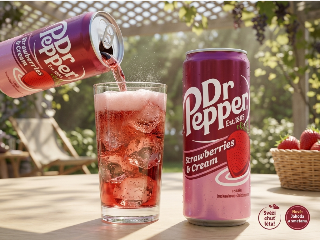 Dr Pepper Strawberries & Cream jahodovo-smetanová limonáda 330 ml - podávání s ledem