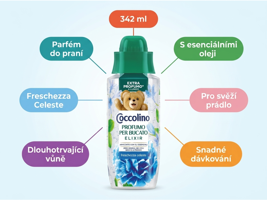 Coccolino parfém do praní Elixir Freschezza Celeste 342 ml – hlavní výhody