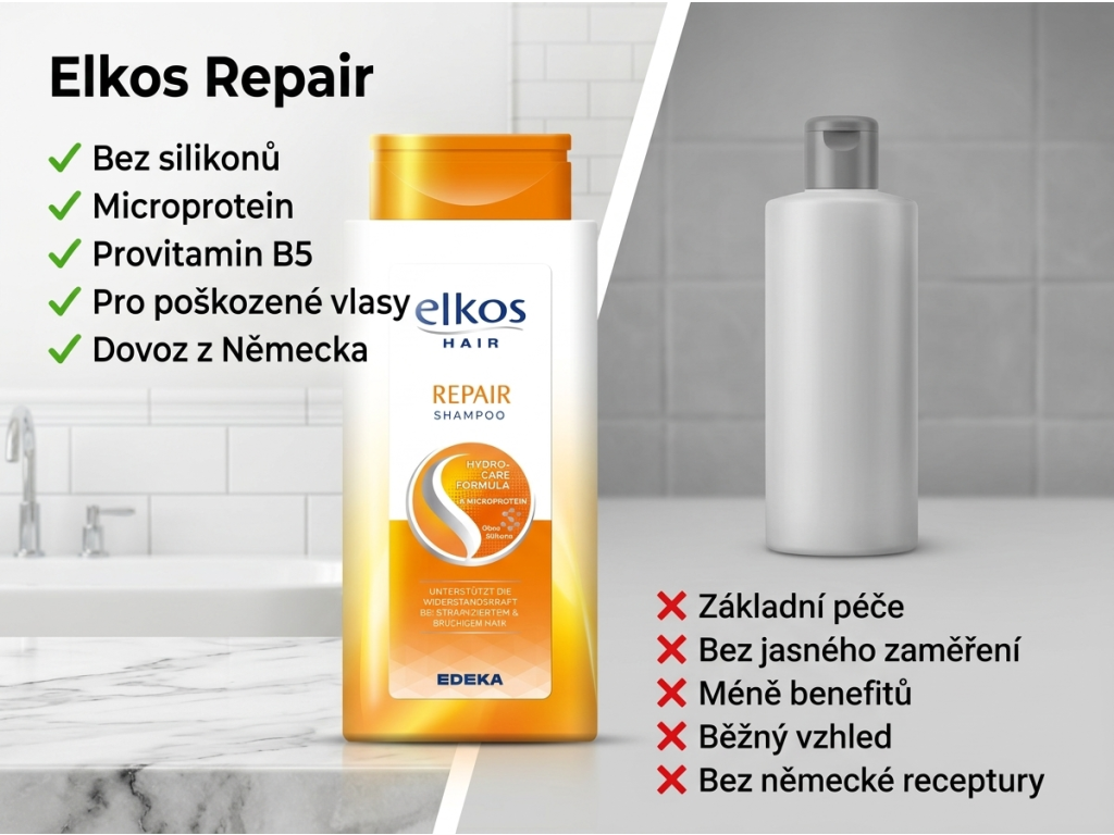 Srovnání šamponu Elkos Repair s běžným šamponem