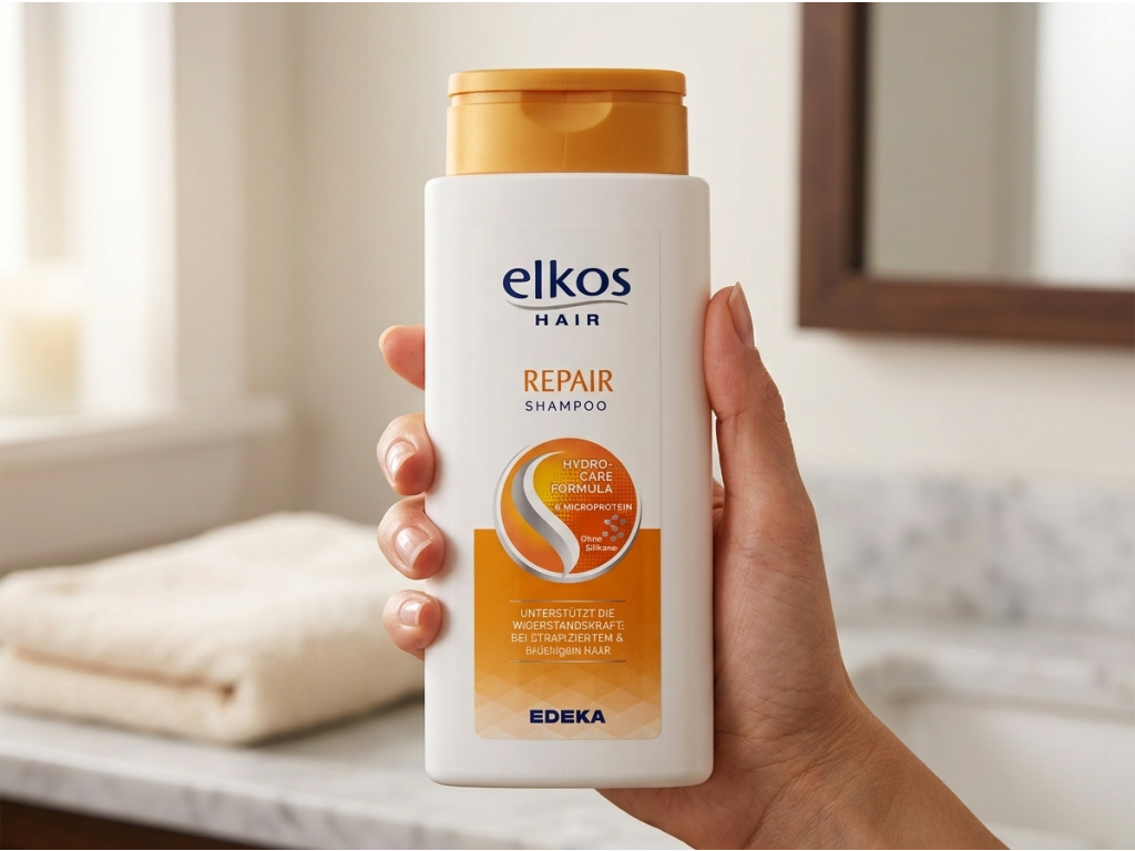 Elkos Repair šampon bez silikonů držený v ruce
