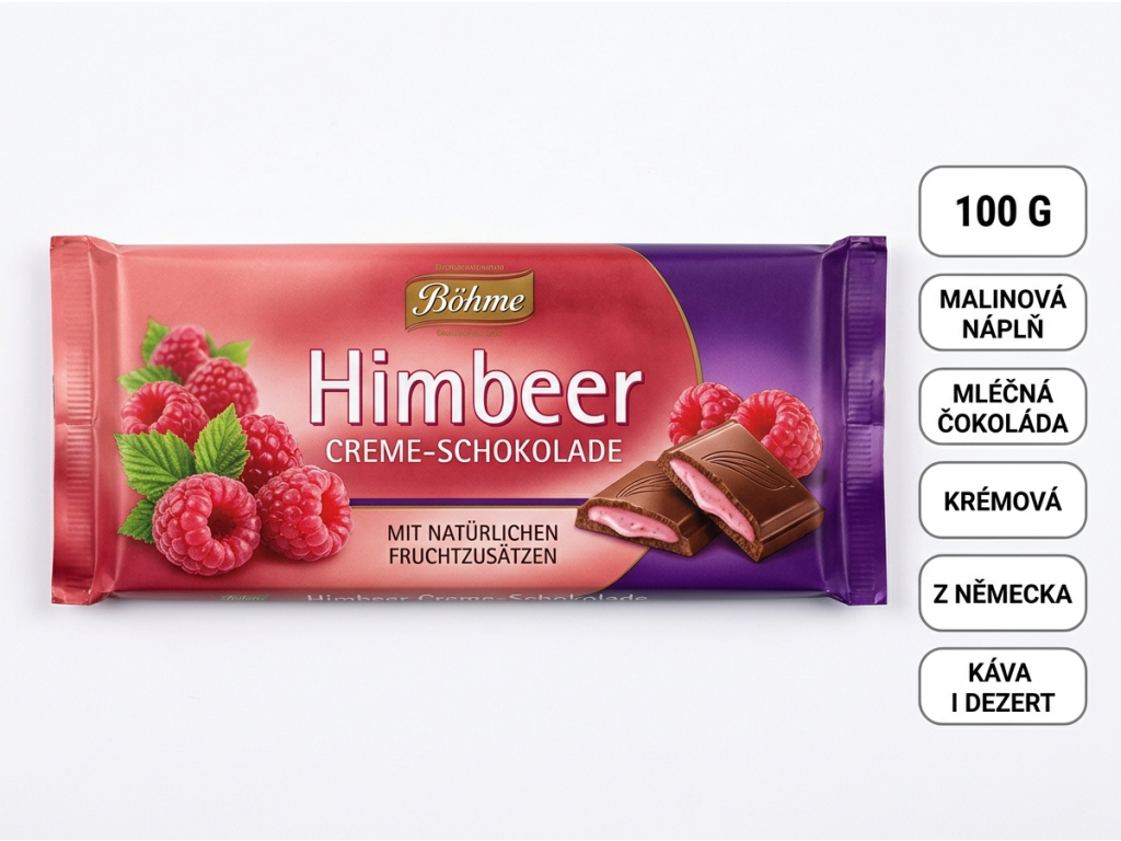 Böhme mléčná čokoláda s malinovou náplní 100 g - infografika výhod
