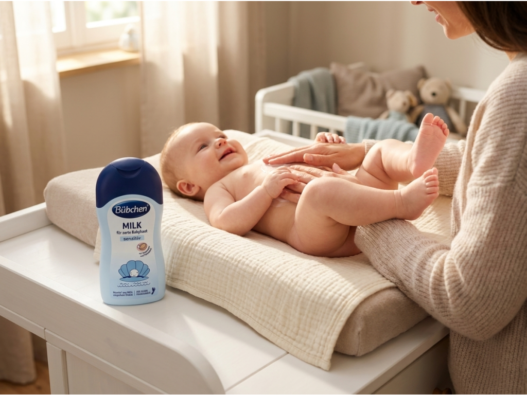 Maminka nanáší Bübchen Hydratační mléko na pokožku miminka