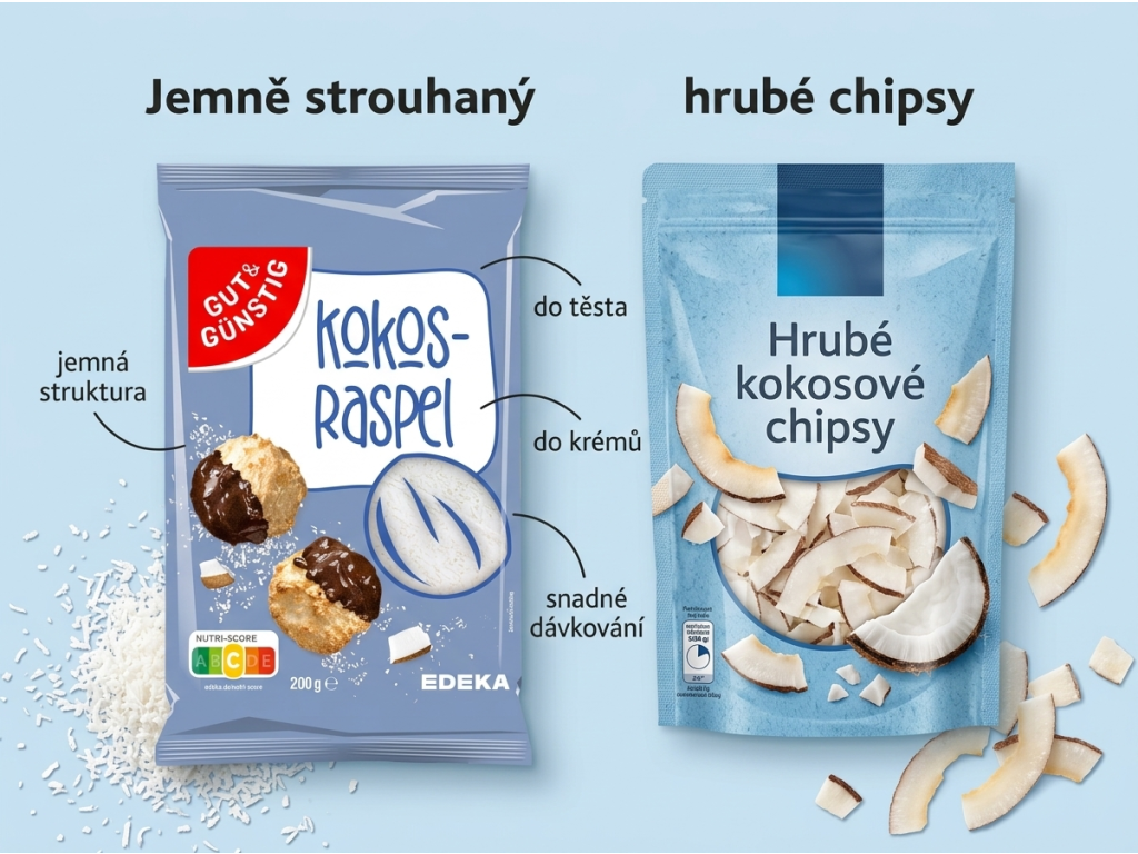 Srovnání jemně strouhaného kokosu