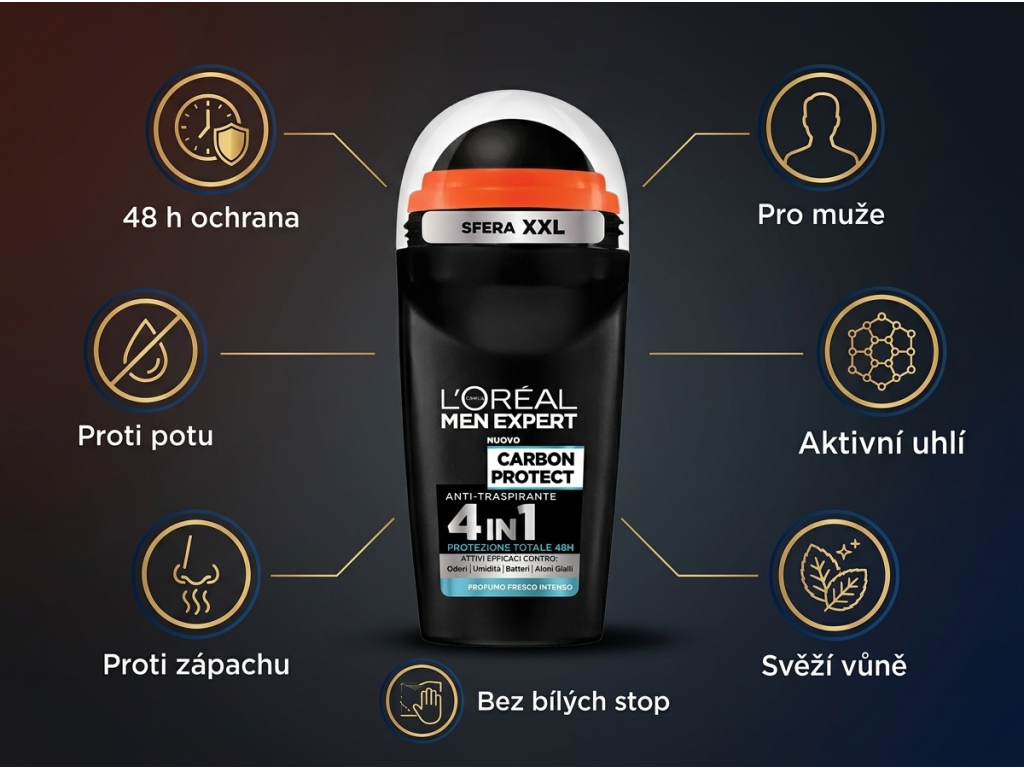 L'Oréal Men Expert Carbon Protect antiperspirant ROLL-ON 50ml - infografika výhod