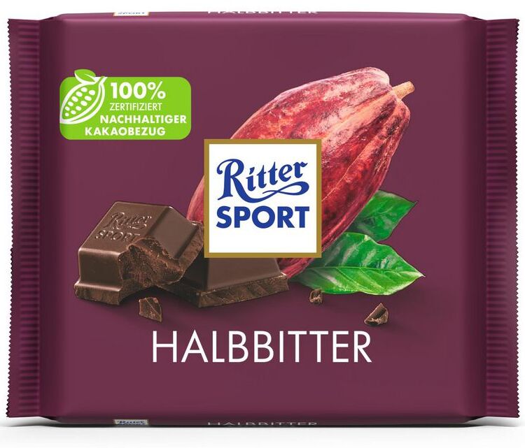 Ritter Sport HALBBITTER polohořká čokoláda 100 G - originál z Německa