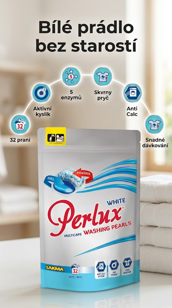 Perlux Oxy Power prací perly na bílé prádlo 32ks - mobilní infografika