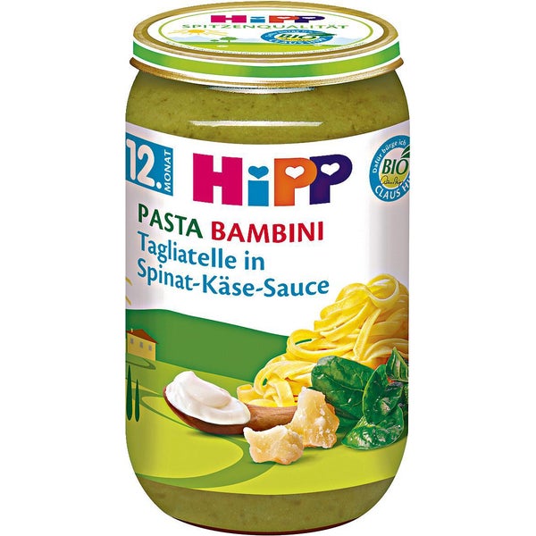 HiPP Bio Pasta Bambini Tagliatelle ve špenátové a sýrové omáčce 250g 12+