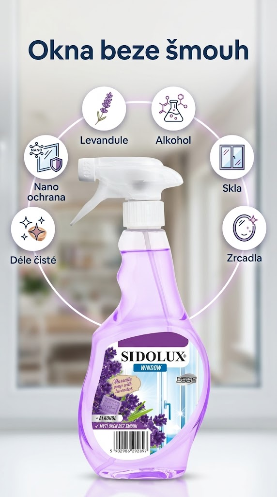 Sidolux Nano Code čistič oken levandule - mobilní infografika