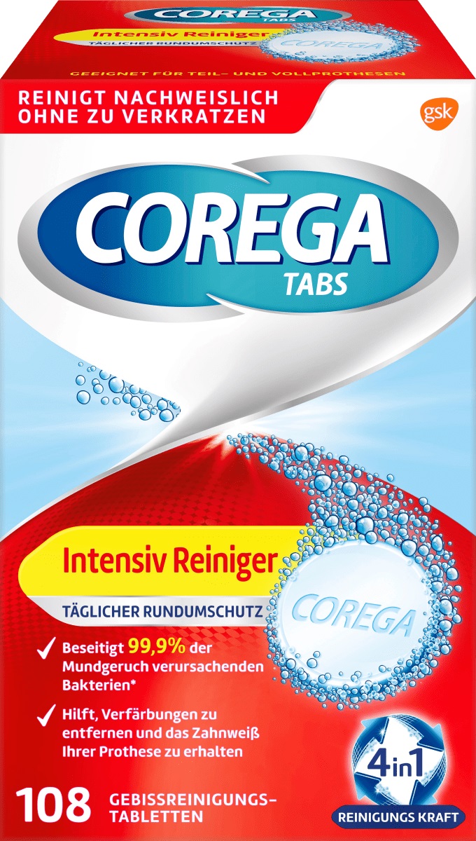Corega Čistič zubních náhrad Intenzivní všestranná ochrana 108 ks - originál z Německa