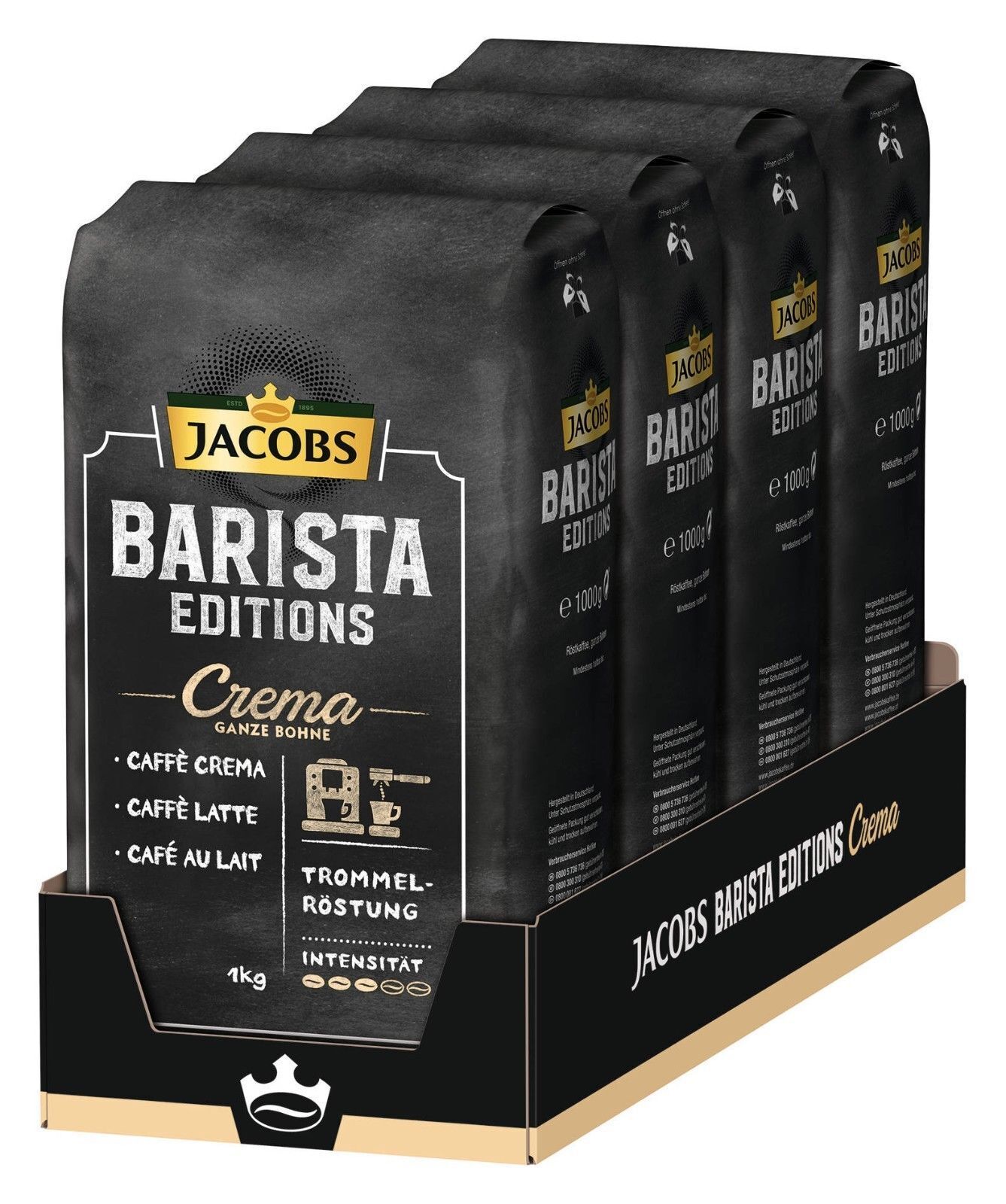 Jacobs Barista Caffe Crema, zrnková káva 4x1 kg-VÝHODNÉ BALENÍ - originál z Německa