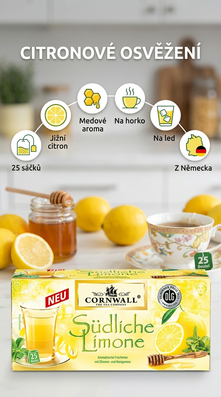 Cornwall Exotický čaj s příchutí jižních citronů 25 sáčků - mobilní infografika