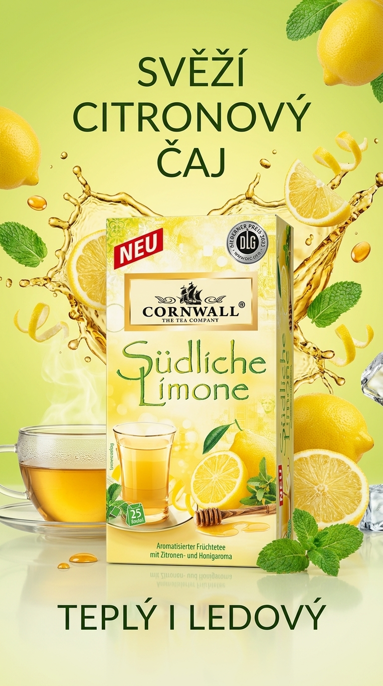 Cornwall Exotický čaj s příchutí jižních citronů 25 sáčků - citrusový čajový poster