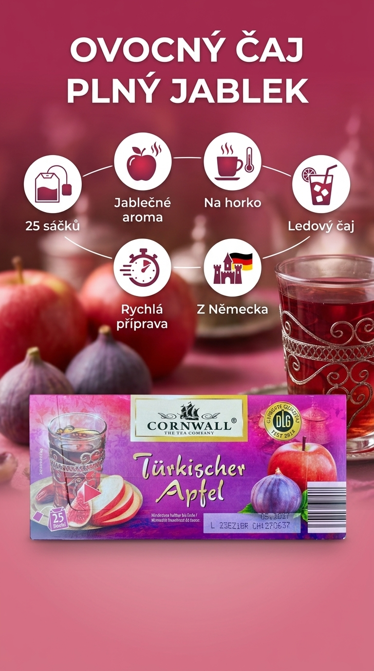 Cornwall Exotický čaj s příchutí tureckých jablek 25 sáčků - mobilní infografika